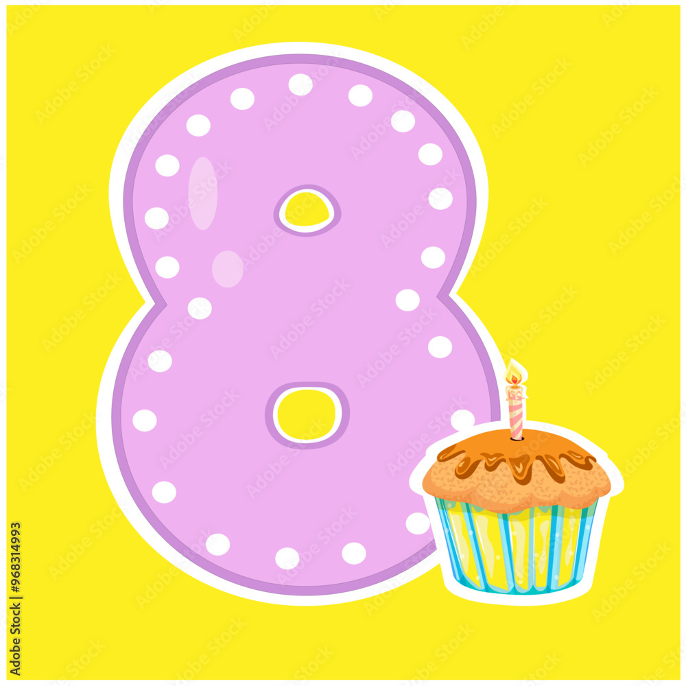 eight and a candle with a cupcake on a yellow background eight and a candle with a cupcake on a yellow background