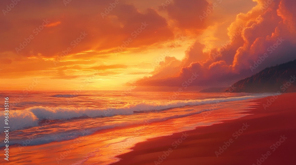 A sandy beach at sunset, with the sky ablaze in orange and pink hues, and waves gently lapping the shore. A sandy beach at sunset, with the sky ablaze in orange and pink hues, and waves gently lapping the shore.