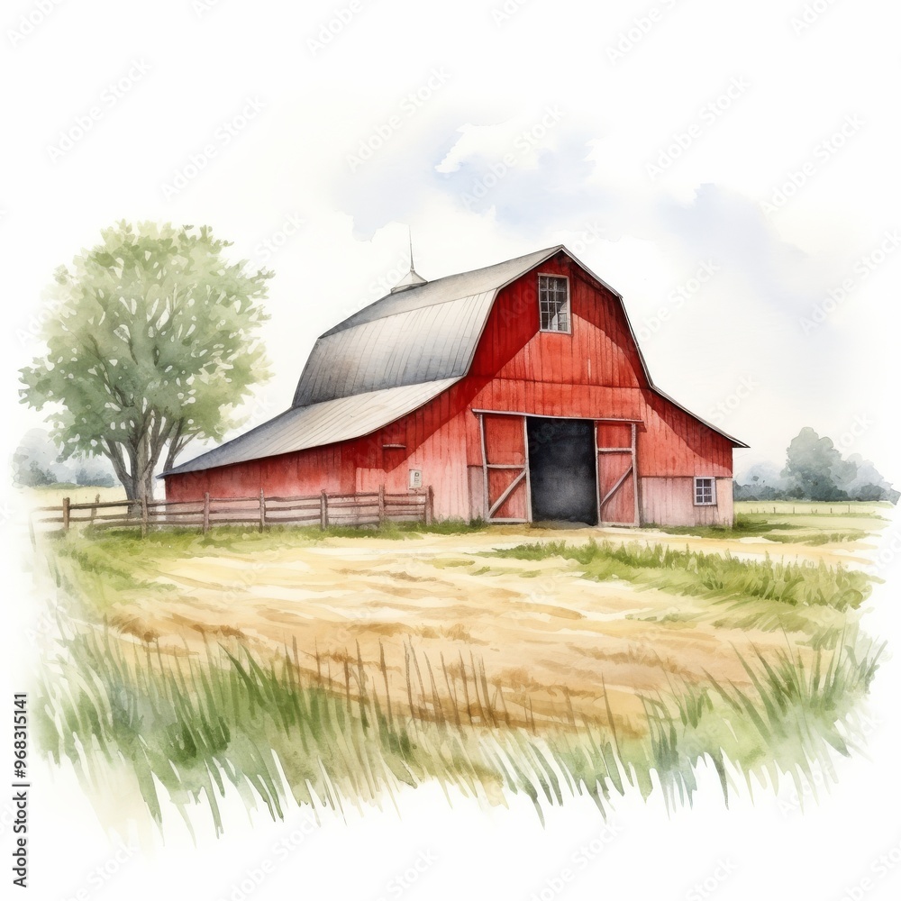 Obraz premium Picturesque Red Barn Illustration in Rural Countryside, Perfect for Farm and Agriculture Themes