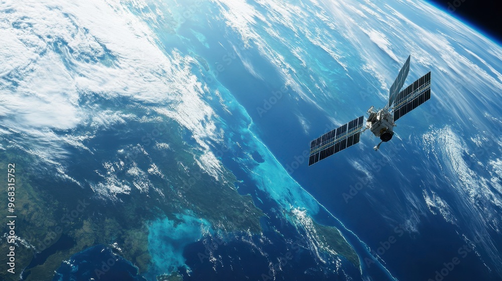 Naklejka premium A satellite monitoring ocean currents, with Earth vast blue waters stretching below.
