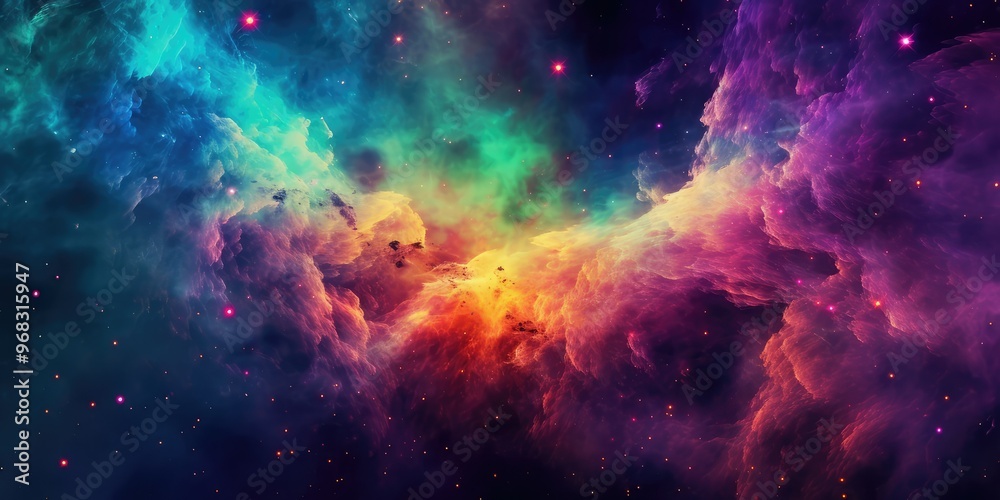 Cosmic clouds glow in vibrant hues. Cosmic clouds glow in vibrant hues.