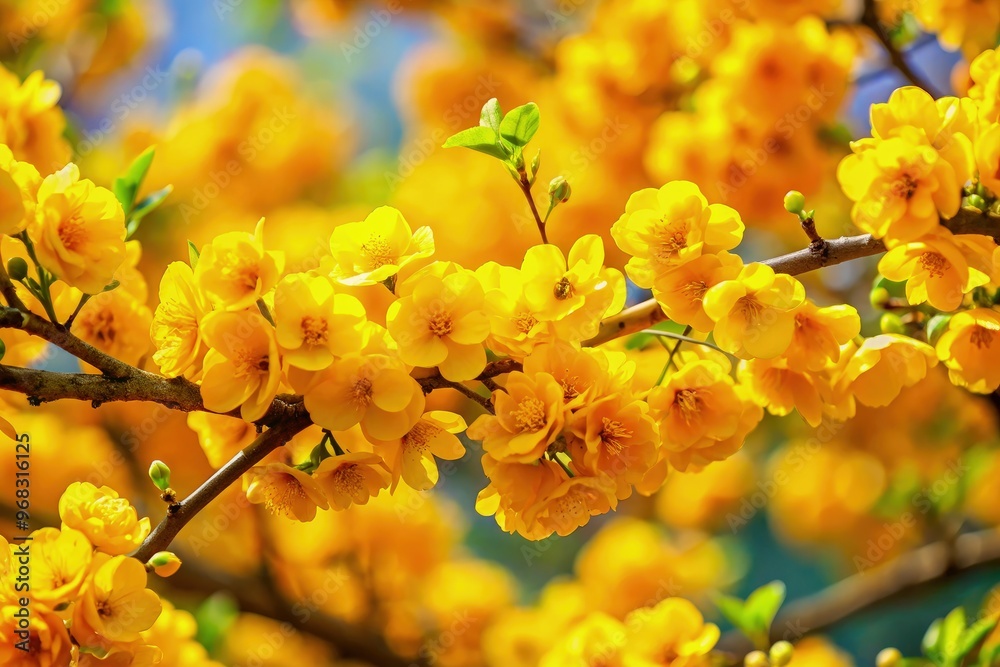 Vibrant yellow blossoms bloom on branches, enhancing natural beauty in spring. Generative AI Vibrant yellow blossoms bloom on branches, enhancing natural beauty in spring. Generative AI