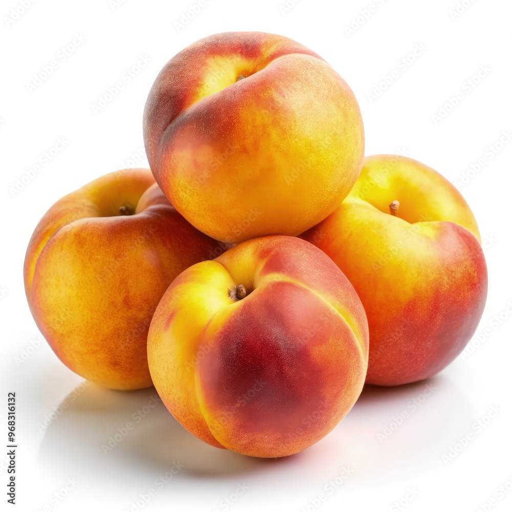 Fresh yellow peaches stacked on a white background ready for display or sale. Generative AI Fresh yellow peaches stacked on a white background ready for display or sale. Generative AI