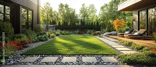 Modern backyard with a stone pathway leading to a lush green lawn