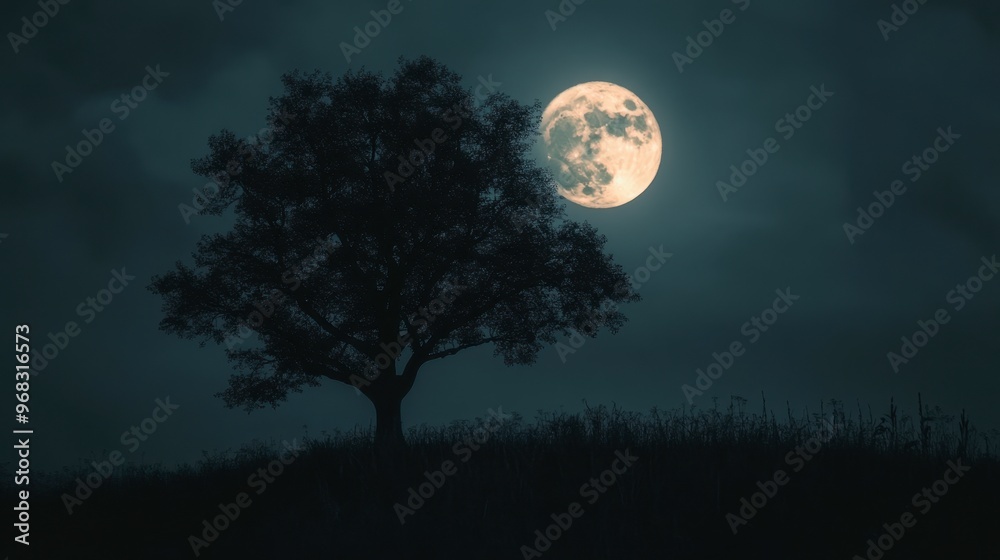 A silhouette of a tree against the backdrop of a full Moon, creating a haunting and mysterious atmosphere. A silhouette of a tree against the backdrop of a full Moon, creating a haunting and mysterious atmosphere.