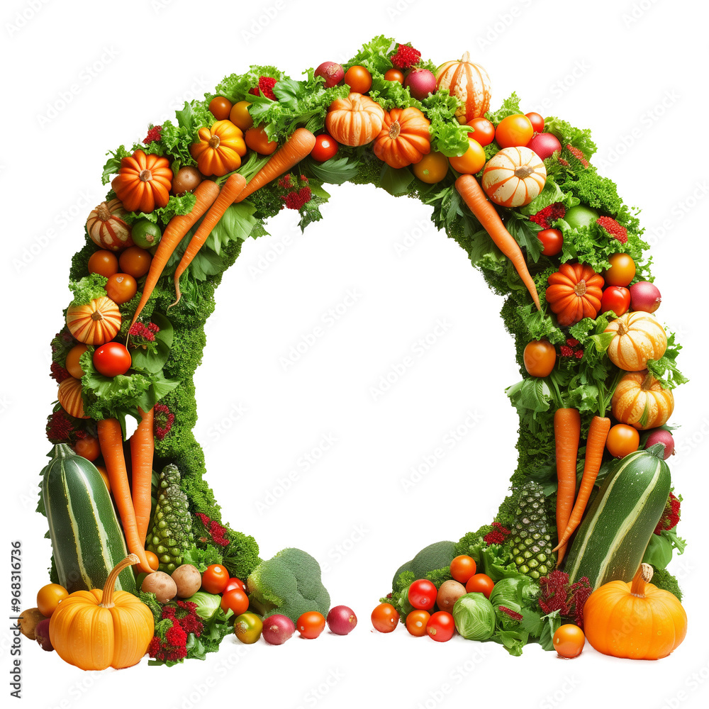 Fresh vegetables arch frame for healthy food, harvest, and agriculture concept