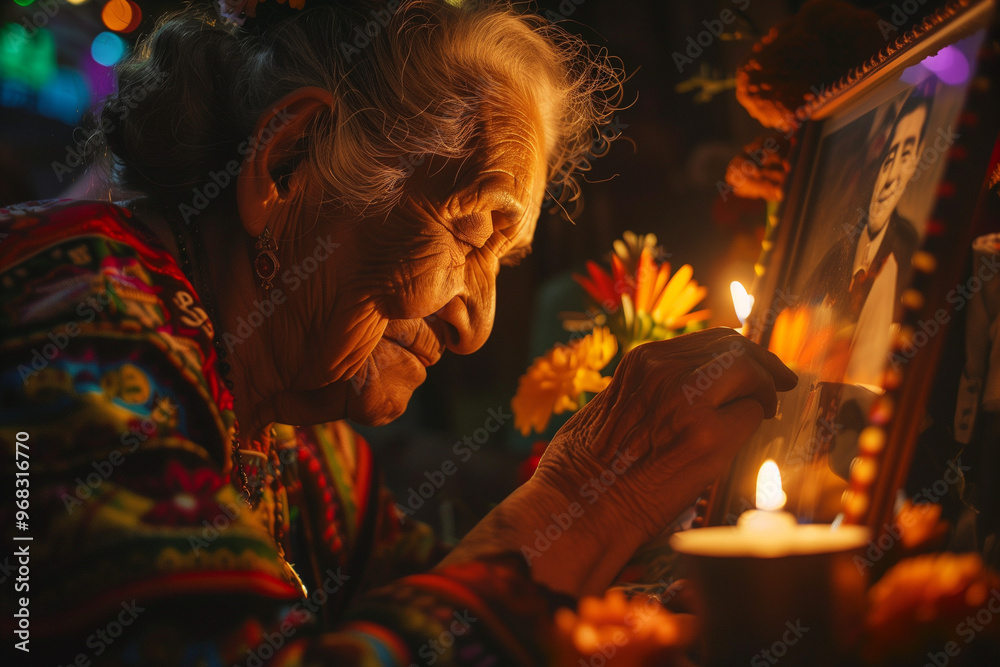 Old Woman Remembering a Family Member with Flower and Candle Offerings on Day of the Dead in Mexico Old Woman Remembering a Family Member with Flower and Candle Offerings on Day of the Dead in Mexico