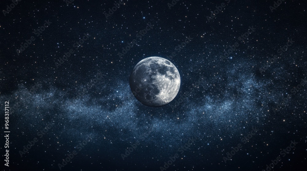 Fototapeta premium A starry night with the Moon in the center, surrounded by constellations and deep space.