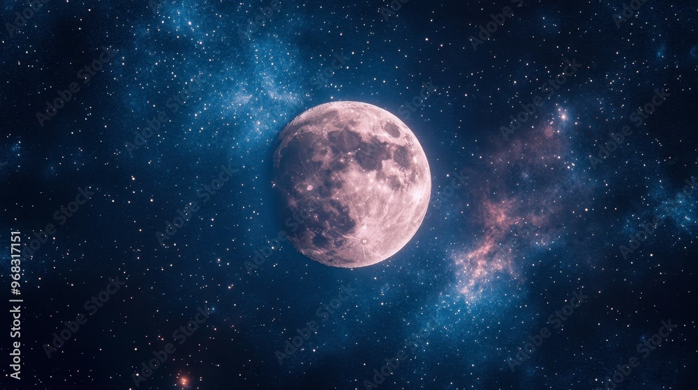 Obraz premium A starry night with the Moon in the center, surrounded by constellations and deep space.