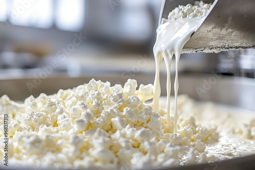 Closeup of Fresh Curds Being Poured into a Bowl photo