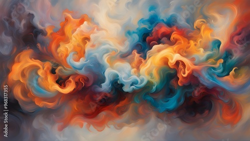 Abstract painting with swirling, vibrant colors in blue, orange, red, and yellow.