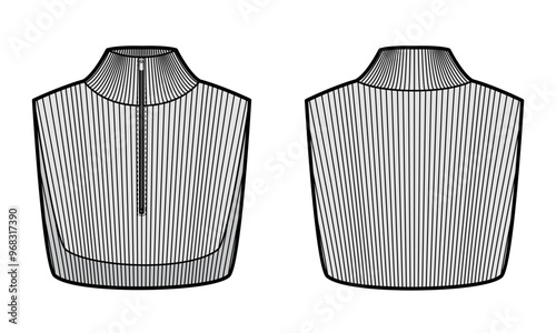 Add-on Knit Collars detachable accessories with zipper fastening Turtleneck Sweater part technical fashion illustration sleeveless. Flat jumper apparel front, back grey color. Women men CAD mockup