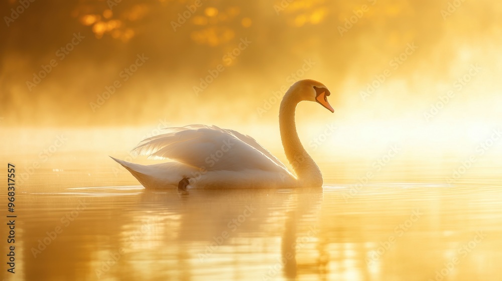 Fototapeta premium A swan gliding gracefully across a calm lake at sunrise, with soft golden light illuminating its white feathers.