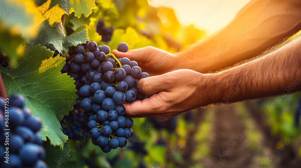 Fototapeta premium plucking ripe grapes from the vine, symbolizing care, harvest, and the rewards of hard work in a lush vineyard.