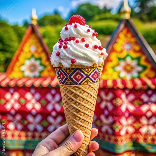 Delicious ice cream served in traditional Chuvash style at a cultural festival. Generative AI photo