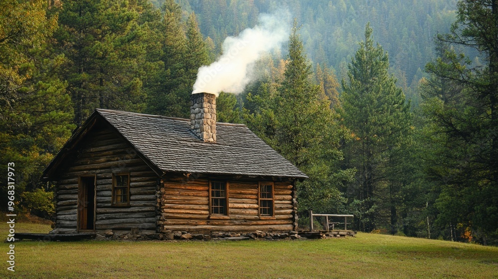 A traditional log cabin in a forested area, with smoke rising from the chimney. A traditional log cabin in a forested area, with smoke rising from the chimney.