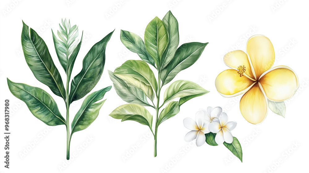 Watercolor tropical plants and flowers illustration, leaves, yellow and white plumeria Watercolor tropical plants and flowers illustration, leaves, yellow and white plumeria