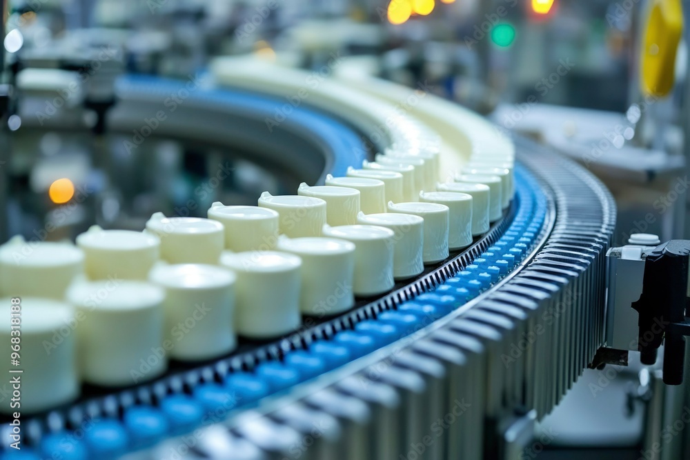 Conveyor Belt with White Circular Containers in a Factory Conveyor Belt with White Circular Containers in a Factory
