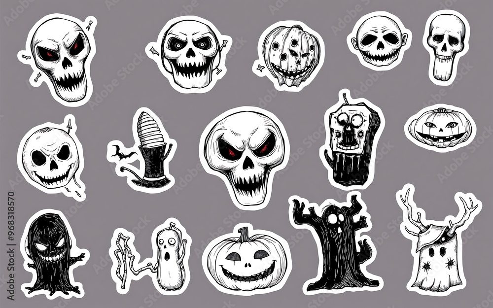 Obraz premium Black and white Halloween stickers with spooky characters and pumpkins for festive decoration. 
