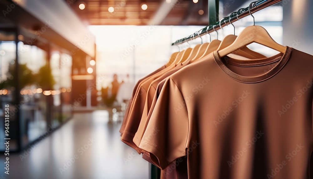 Brown t-shirts on hangers in a store with space for branding and logos, on blurred indoor background, concept of mockup. Generative AI Brown t-shirts on hangers in a store with space for branding and logos, on blurred indoor background, concept of mockup. Generative AI