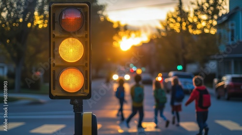 A traffic light near a school zone, showing yellow as children cross the street.