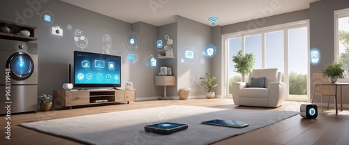 illustrate the concept of the Internet of Things with an image of a smart home, featuring various connected devices and appliances, shot from a low angle with a wide-angle lens