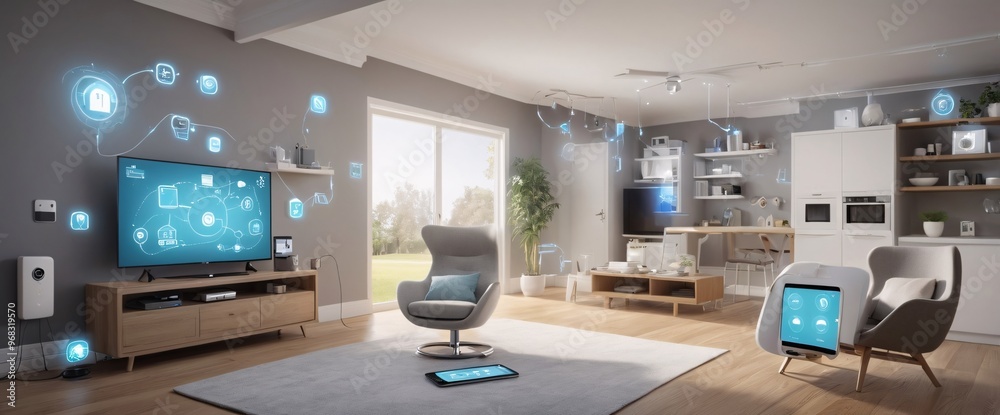 illustrate the concept of the Internet of Things with an image of a smart home, featuring various connected devices and appliances, shot from a low angle with a wide-angle lens