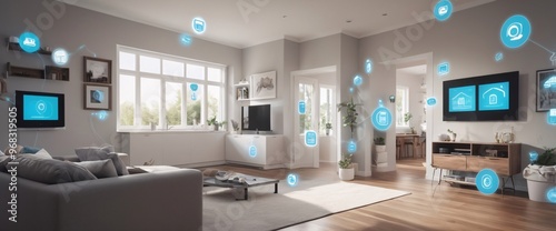 illustrate the concept of the Internet of Things with an image of a smart home, featuring various connected devices and appliances, shot from a low angle with a wide-angle lens