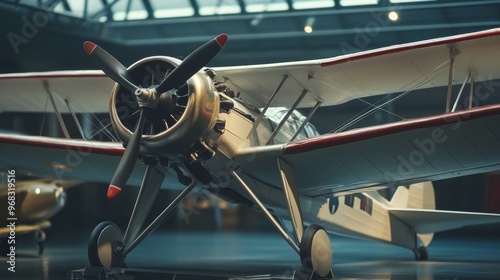 A vintage airplane model displayed indoors, showcasing its design and engineering. photo