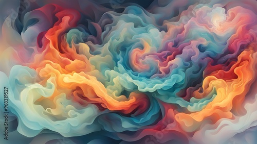 Abstract swirling background with blue, red, orange and yellow colors.