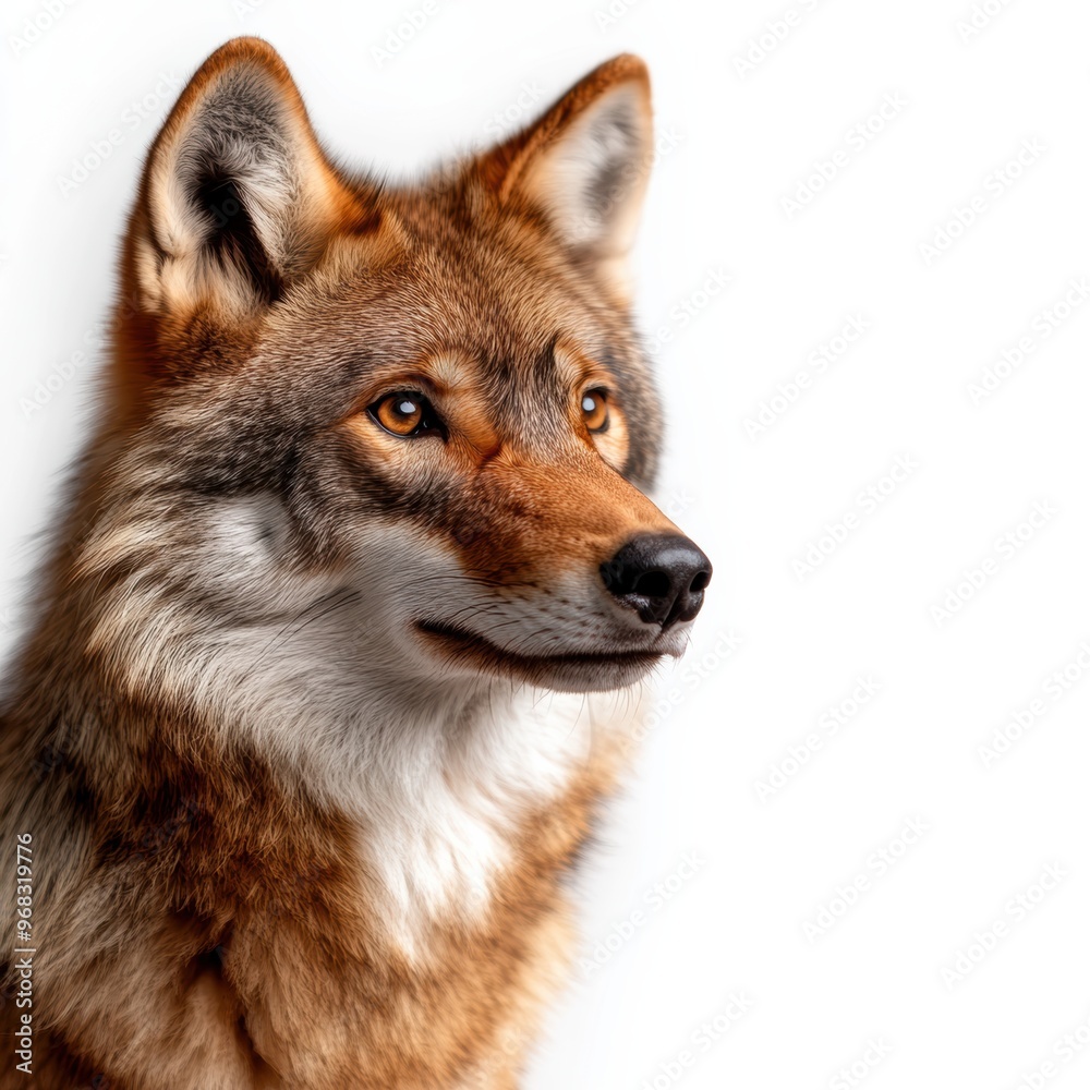 Fototapeta premium A stunning close-up of a wolf, showcasing its majestic features and expressive eyes against a clean, white background.