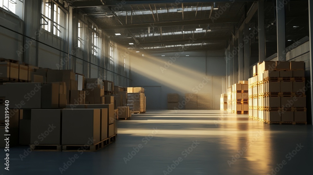 A well-lit warehouse interior with stacked cardboard boxes and sunlight streaming through. A well-lit warehouse interior with stacked cardboard boxes and sunlight streaming through.