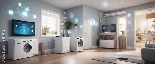 illustrate the concept of the Internet of Things with an image of a smart home, featuring various connected devices and appliances, shot from a low angle with a wide-angle lens