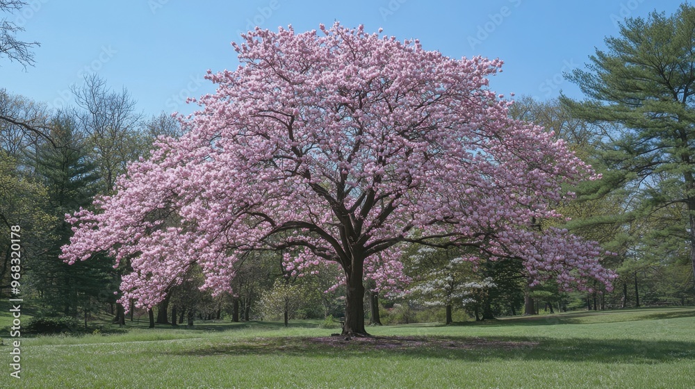 A tree with pink blossoms in full bloom, signaling the arrival of spring in a peaceful park. A tree with pink blossoms in full bloom, signaling the arrival of spring in a peaceful park.