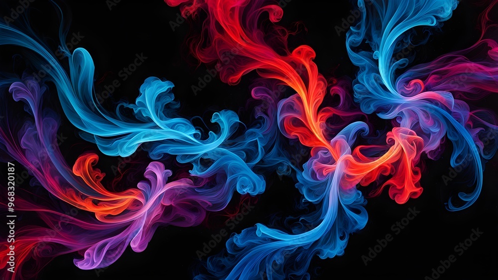 Abstract swirling patterns of blue, red, and purple smoke on a black background. Abstract swirling patterns of blue, red, and purple smoke on a black background.