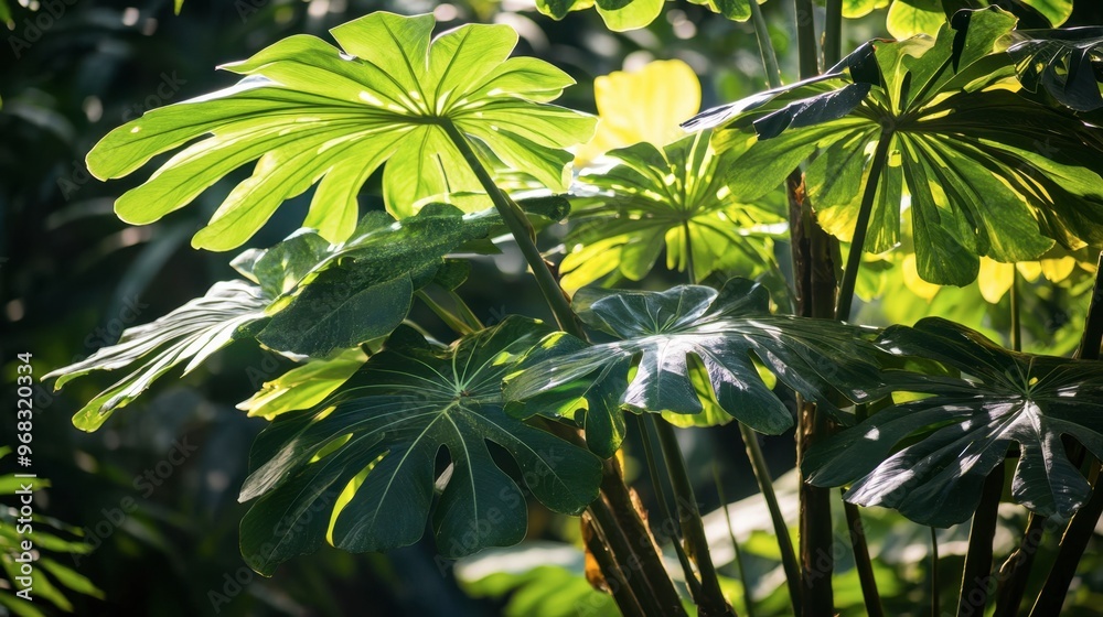 Fototapeta premium A tropical tree with large, broad leaves, casting cool shade on a hot summer day.