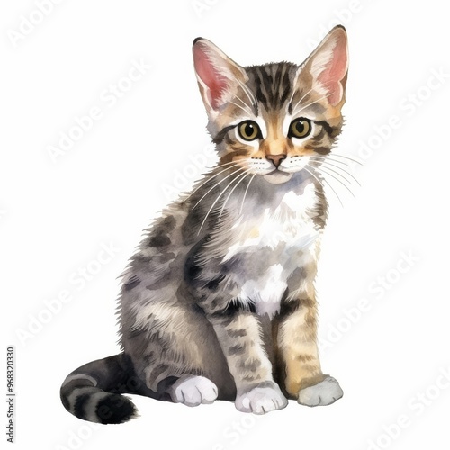 Cute Watercolor Illustration of a Tabby Kitten Sitting with Big Eyes on White Background