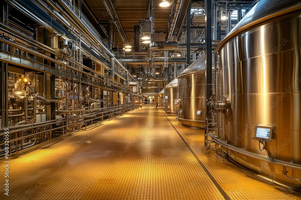 Industrial Brewery Interior with Stainless Steel Tanks and Pipes Industrial Brewery Interior with Stainless Steel Tanks and Pipes