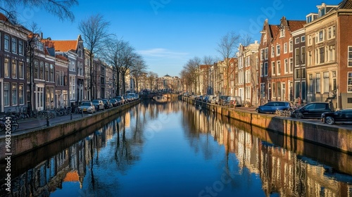 A view of a canal from a bridge, with the water reflecting the clear blue sky and surrounding architecture.