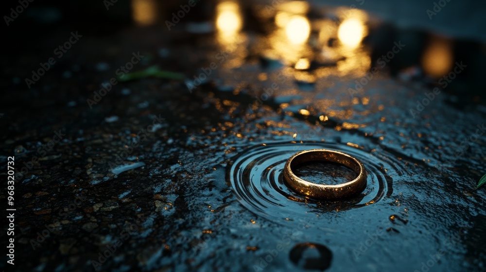 An abandoned wedding ring in a puddle of water on the street. Discarded wedding ring in a dark alley.