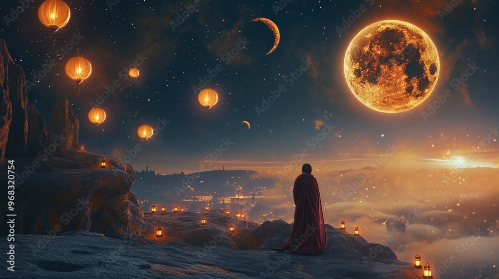 Fototapeta premium A figure on the moon celebrates a lunar eclipse with traditional music, dancing, and glowing lanterns. 