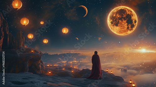 A figure on the moon celebrates a lunar eclipse with traditional music, dancing, and glowing lanterns.
 photo