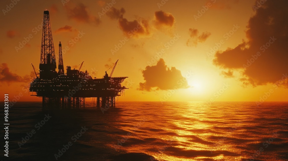 A close-up of an oil rig silhouetted against the sunset on the open ocean. A close-up of an oil rig silhouetted against the sunset on the open ocean.