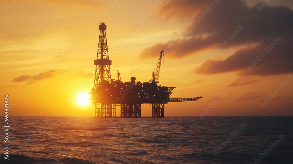 A close-up of an oil rig silhouetted against the sunset on the open ocean. A close-up of an oil rig silhouetted against the sunset on the open ocean.
