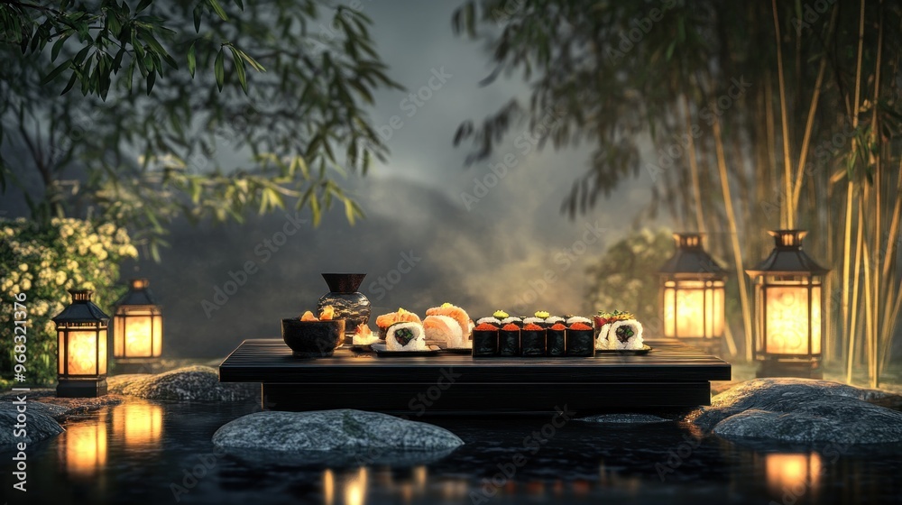Obraz premium Sushi Rolls on a Table in a Japanese Garden at Night