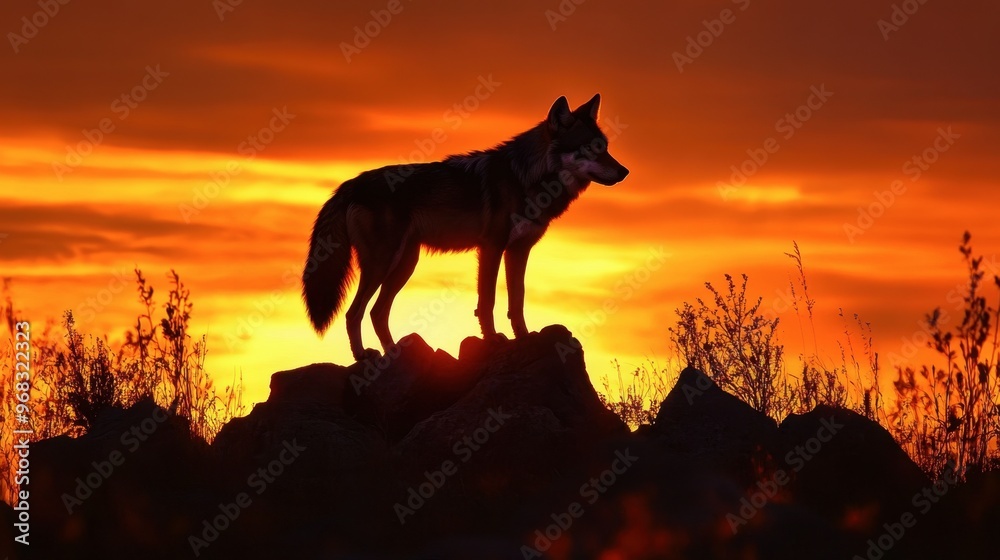 A wolf silhouetted against a fiery sunset, standing atop a rocky outcrop with its head held high.