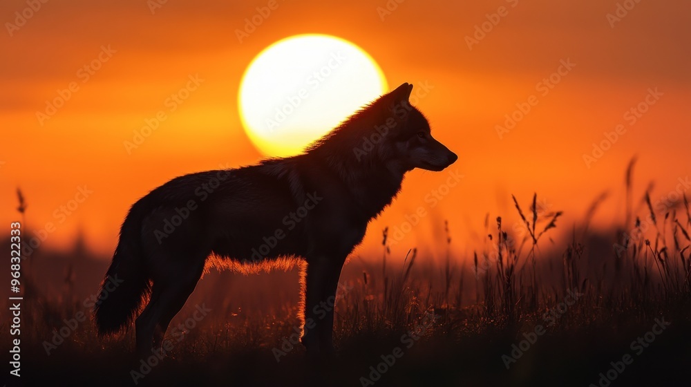 A wolf silhouetted against a rising sun, with the first light of dawn highlighting its form. A wolf silhouetted against a rising sun, with the first light of dawn highlighting its form.