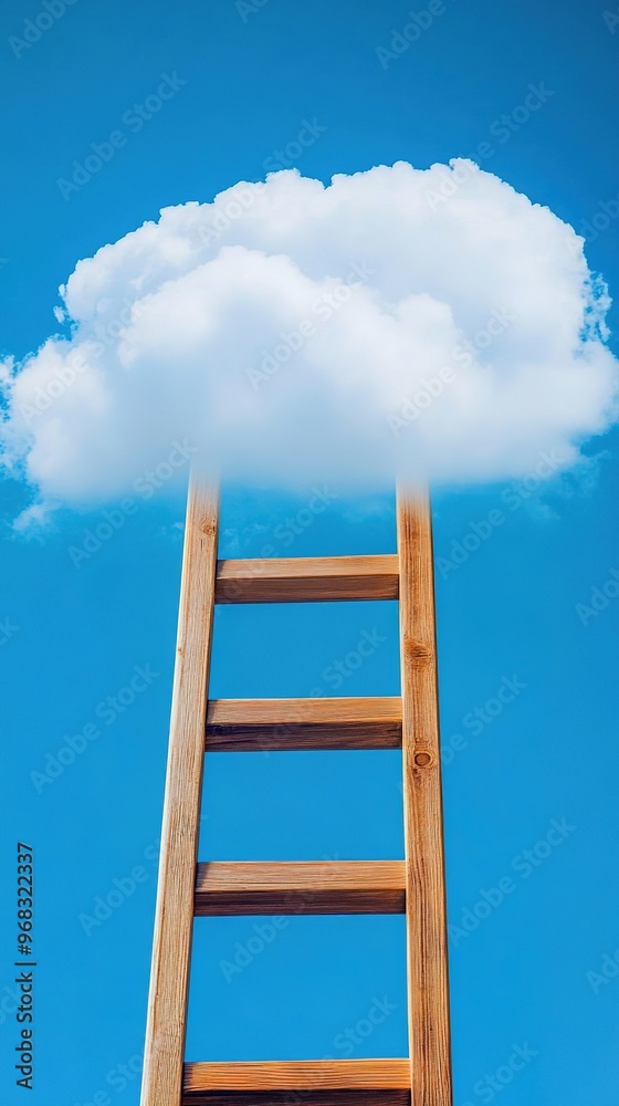 Wooden ladder reaching through a soft white cloud into clear blue sky, symbolizing dreams, aspiration, and hope. The ethereal atmosphere with bright blue backdrop highlights the surreal journey from e Wooden ladder reaching through a soft white cloud into clear blue sky, symbolizing dreams, aspiration, and hope. The ethereal atmosphere with bright blue backdrop highlights the surreal journey from e