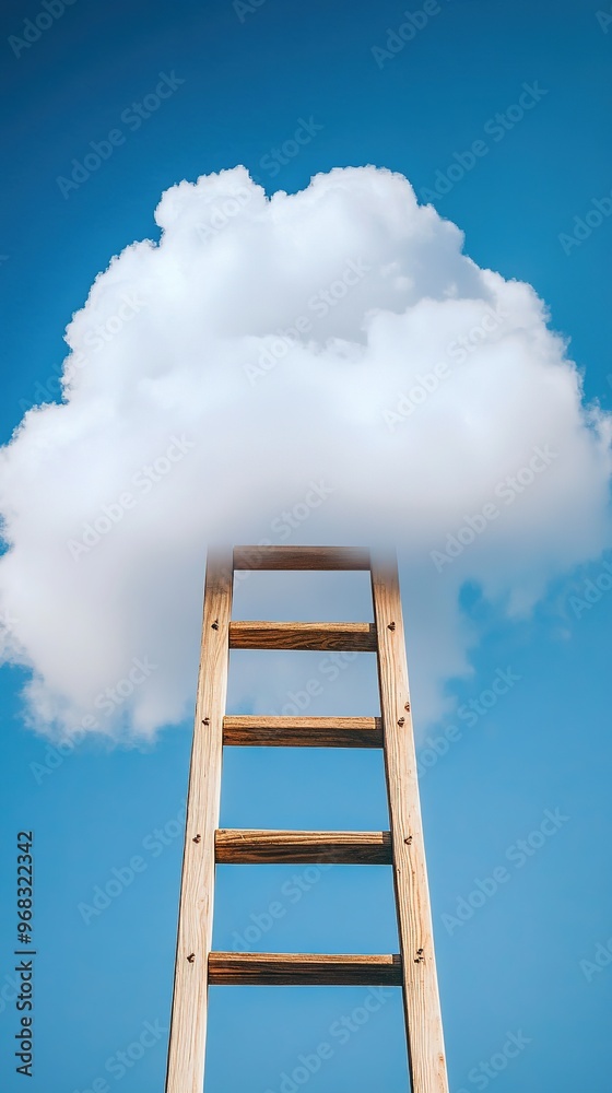 Wooden ladder reaching through a soft white cloud into clear blue sky, symbolizing dreams, aspiration, and hope. The ethereal atmosphere with bright blue backdrop highlights the surreal journey from e Wooden ladder reaching through a soft white cloud into clear blue sky, symbolizing dreams, aspiration, and hope. The ethereal atmosphere with bright blue backdrop highlights the surreal journey from e