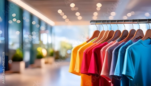 Colorful t-shirts on hangers in a store with space for branding and logos, on blurred indoor background, concept of mockup. Generative AI